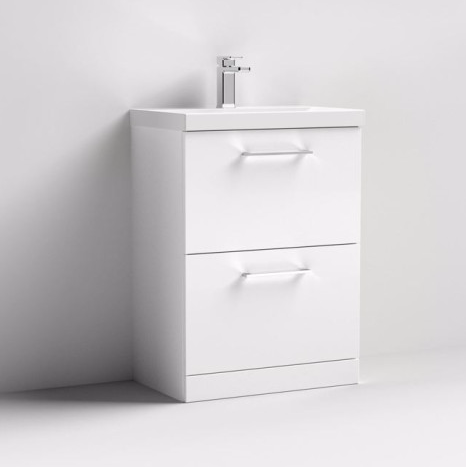 Nuie Arno Gloss White 600mm Floor Standing 2 Drawer Vanity Unit & Basin